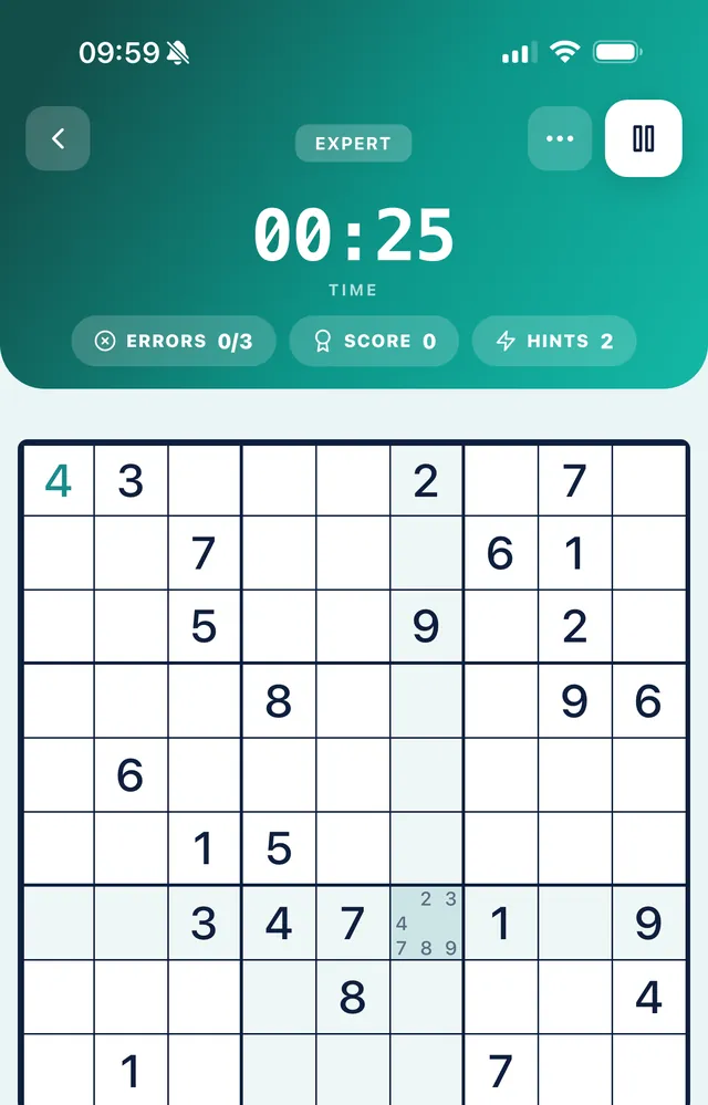 A hard sudoku game in progress in SudoKoum, with timer, score and mistake counter