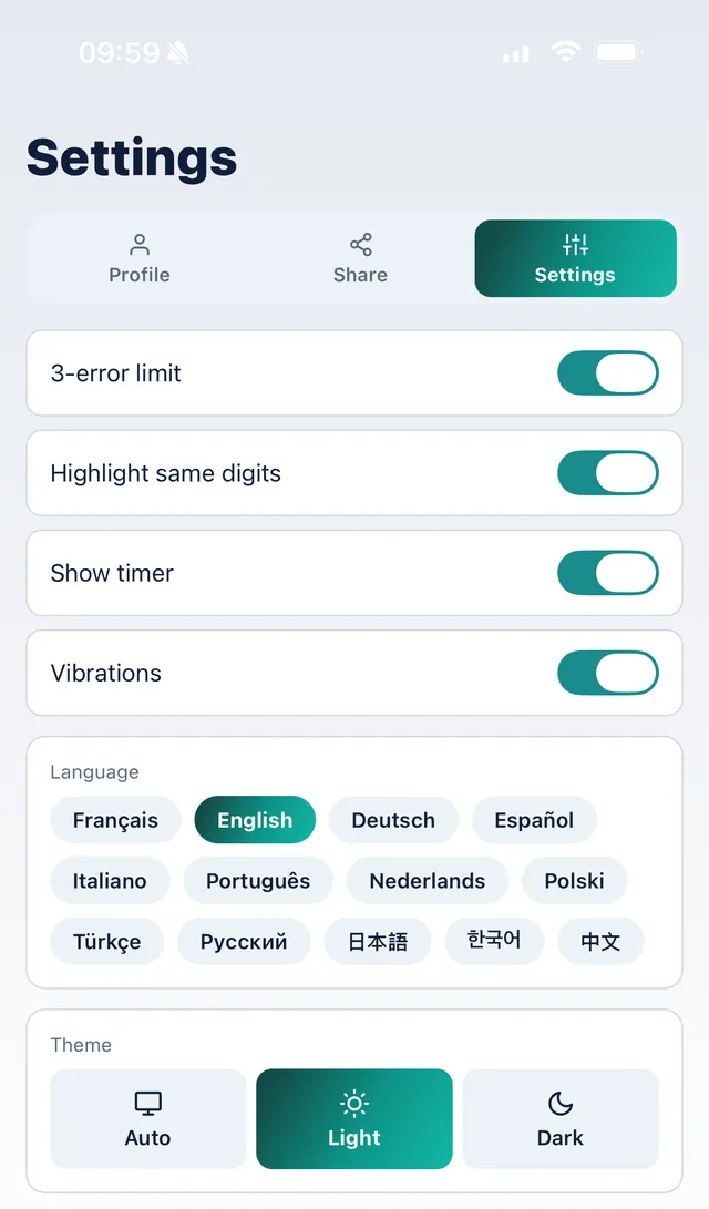 SudoKoum settings: 13 languages to choose from and light, dark or automatic theme