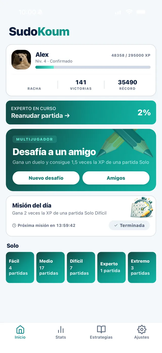 Pantalla de inicio de SudoKoum: tarjeta Desafía a un amigo, misión del día y cinco niveles de dificultad en solitario