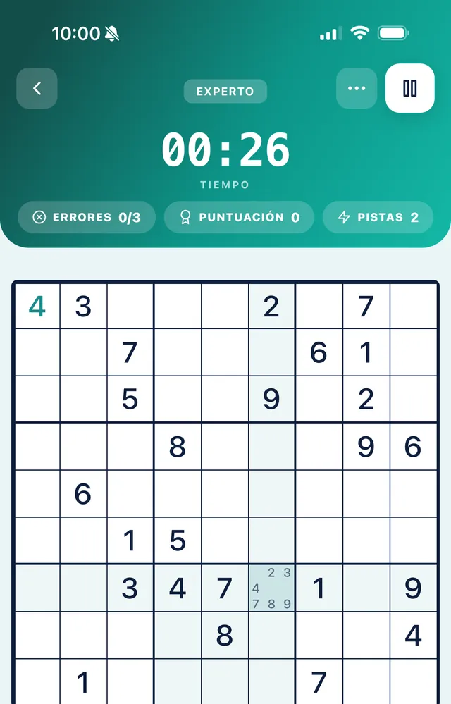 Una partida de sudoku difícil en curso en SudoKoum, con temporizador, puntuación y contador de errores