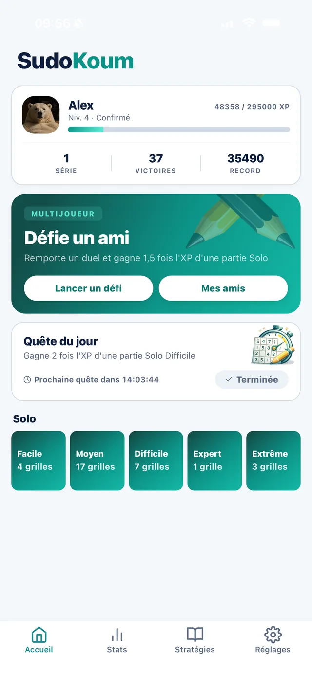 Écran d'accueil de SudoKoum : carte Défie un ami, quête du jour et cinq niveaux de difficulté en solo
