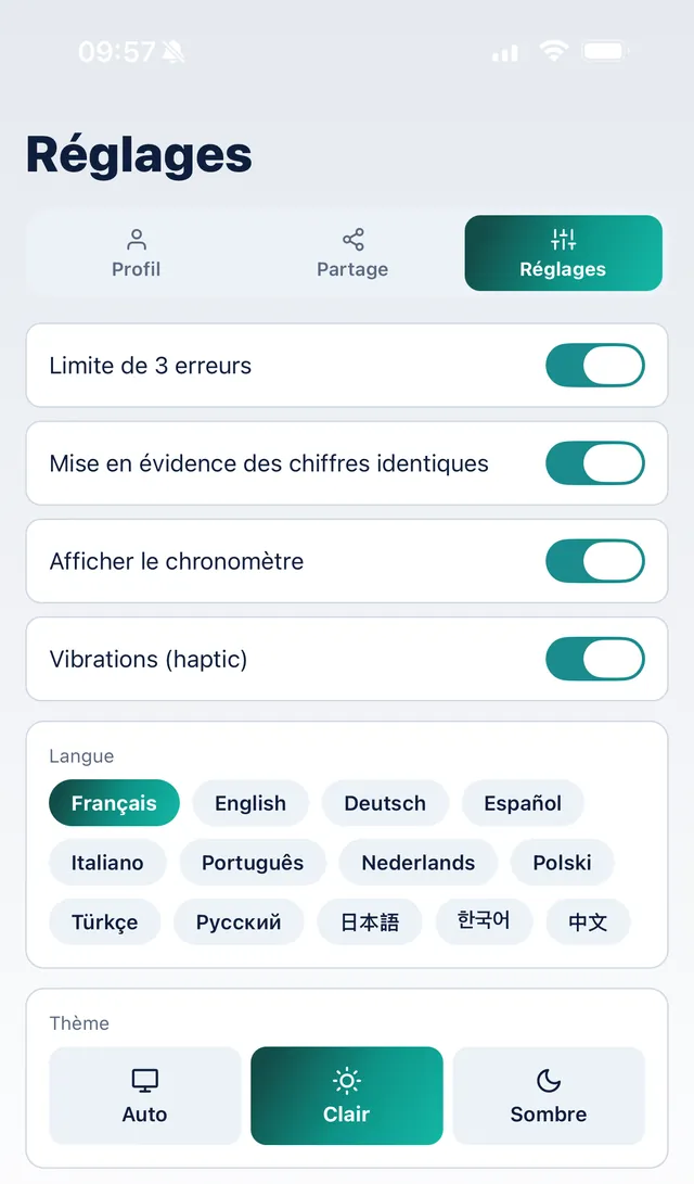 Réglages SudoKoum : choix parmi 13 langues et thème clair, sombre ou automatique